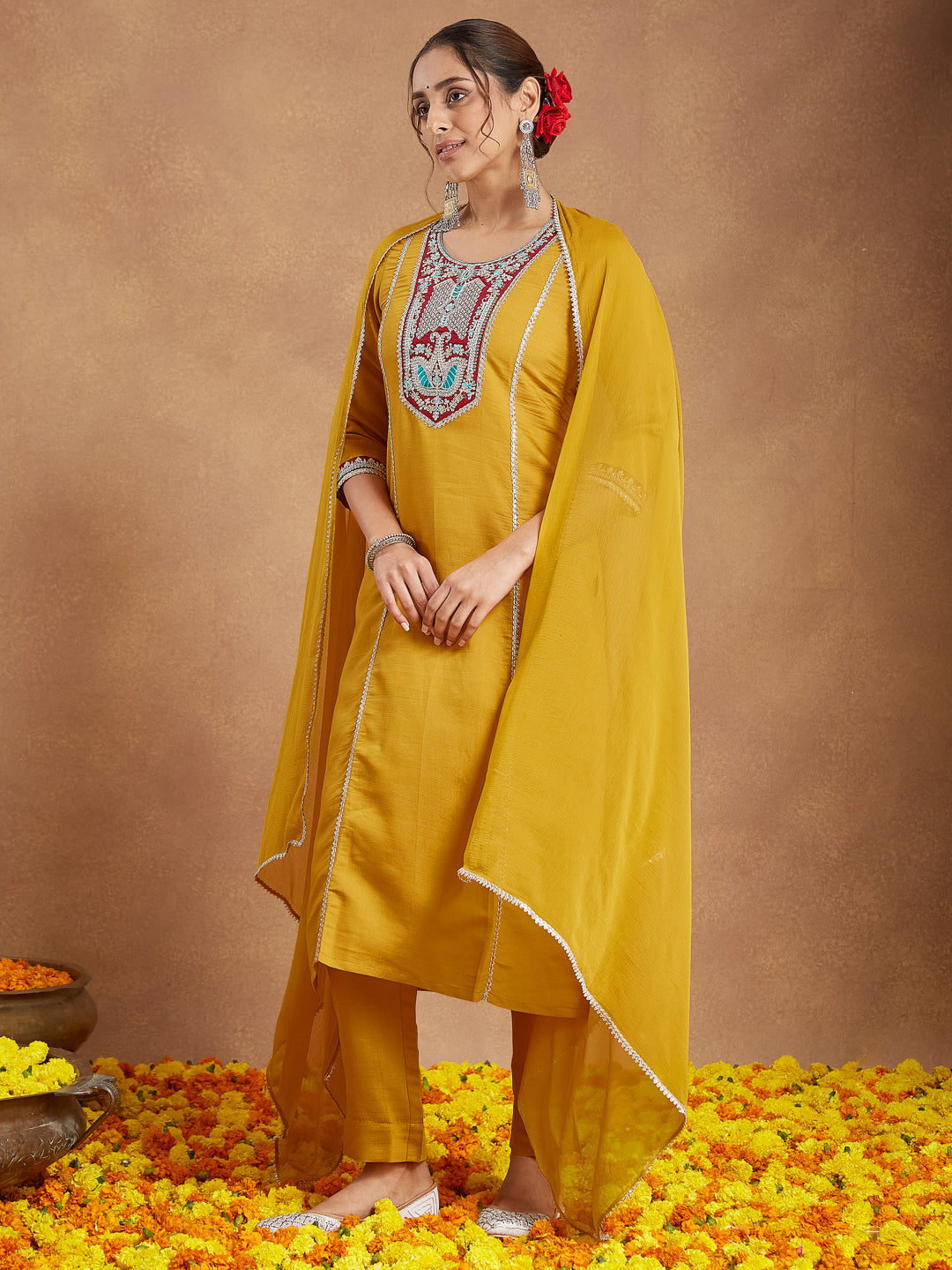 Ninnique Women's Mustard Silk Blend Embroidered Straight Kurta Set