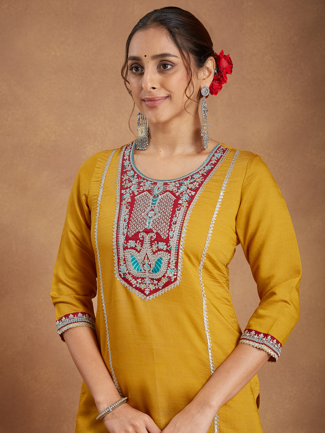 Ninnique Women's Mustard Silk Blend Embroidered Straight Kurta Set