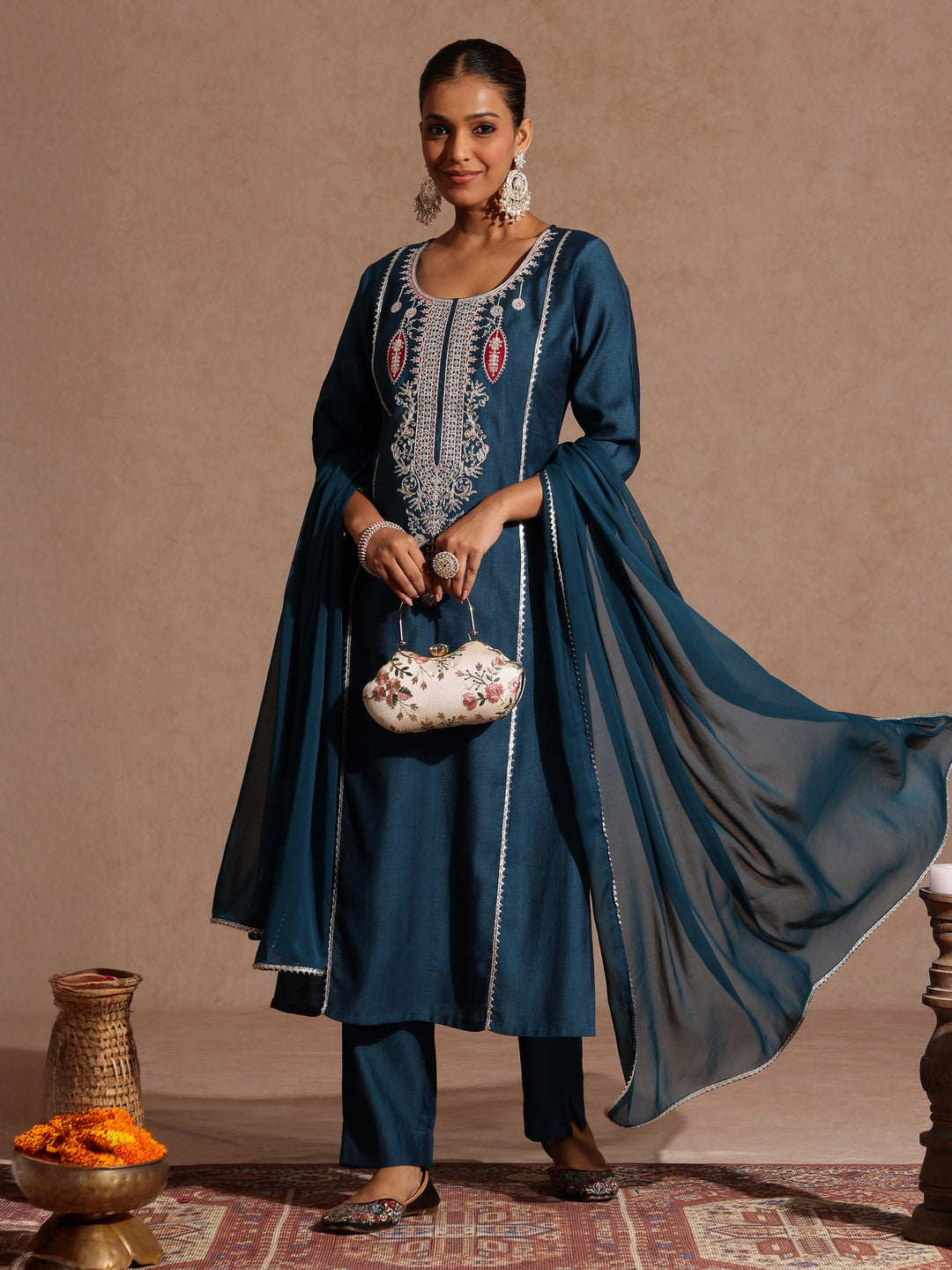 Ninnique Women's Teal Blue Silk Blend Embroidered Straight Kurta Set