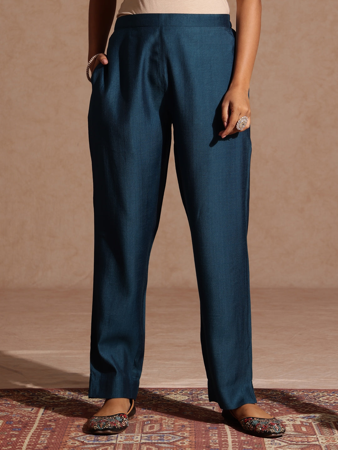 Ninnique Women's Teal Blue Silk Blend Embroidered Straight Kurta Set