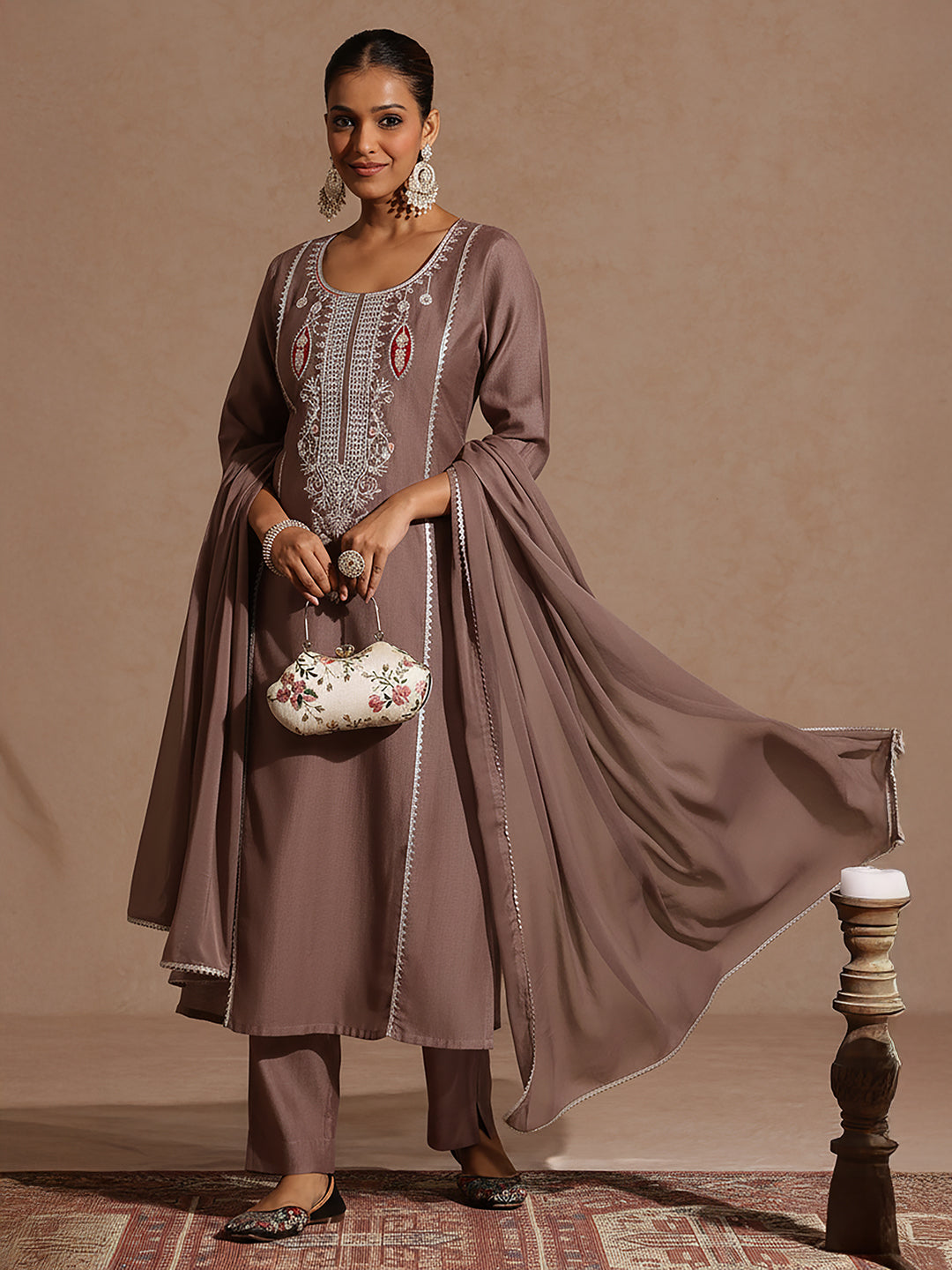 Ninnique Women's Brown Silk Blend Embroidered Straight Kurta Set