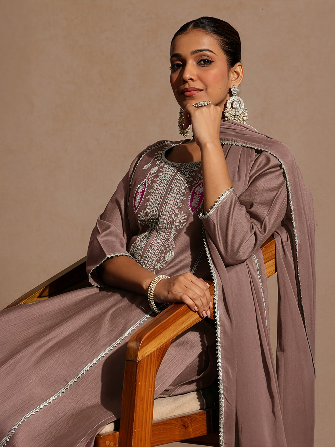 Ninnique Women's Brown Silk Blend Embroidered Straight Kurta Set