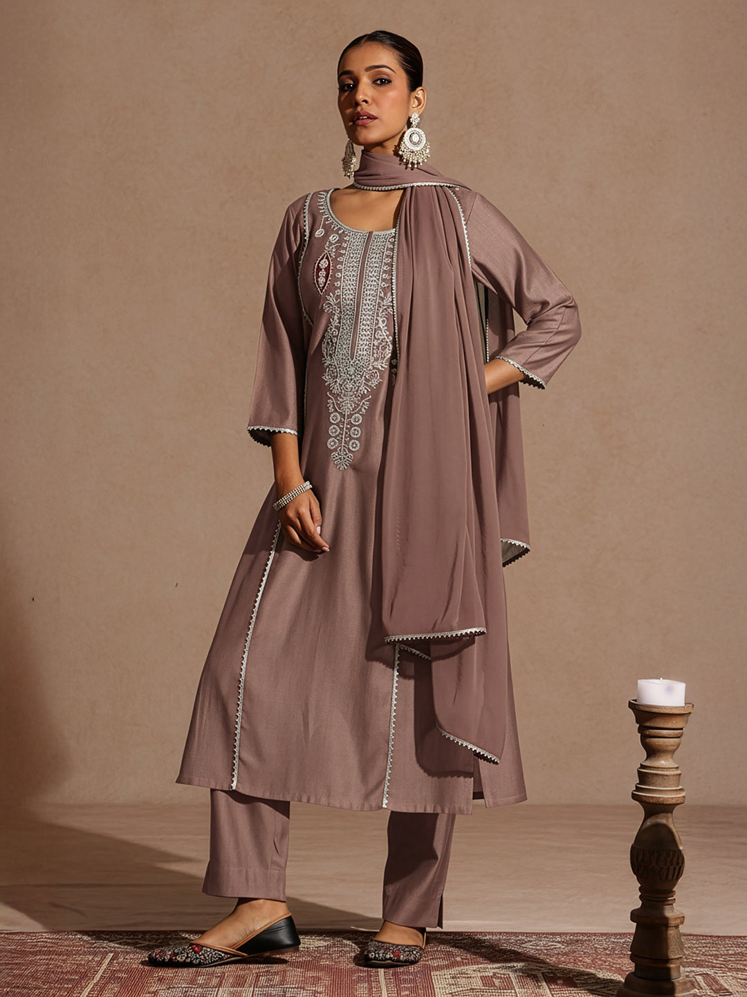 Ninnique Women's Brown Silk Blend Embroidered Straight Kurta Set