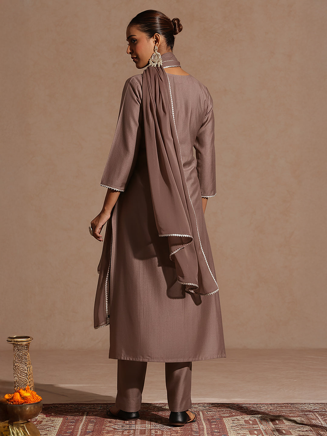 Ninnique Women's Brown Silk Blend Embroidered Straight Kurta Set