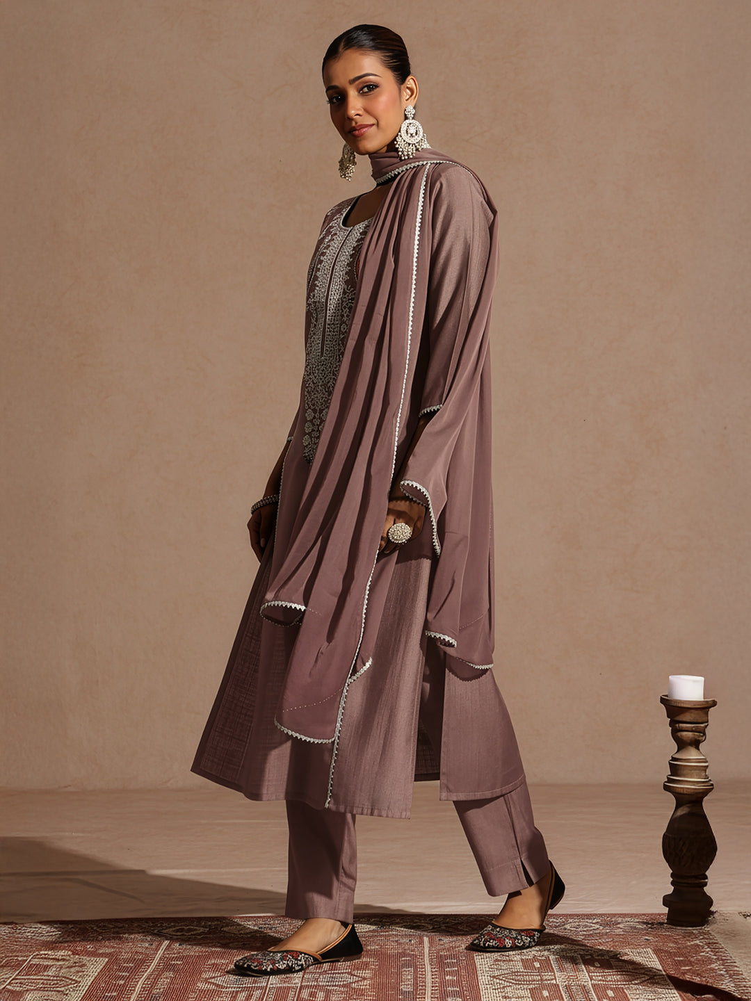 Ninnique Women's Brown Silk Blend Embroidered Straight Kurta Set