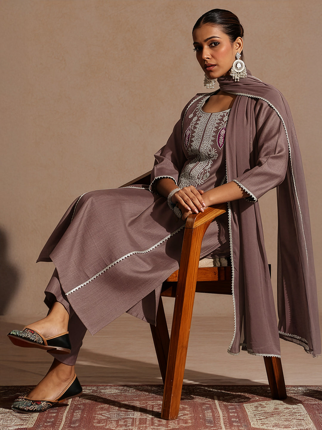 Ninnique Women's Brown Silk Blend Embroidered Straight Kurta Set