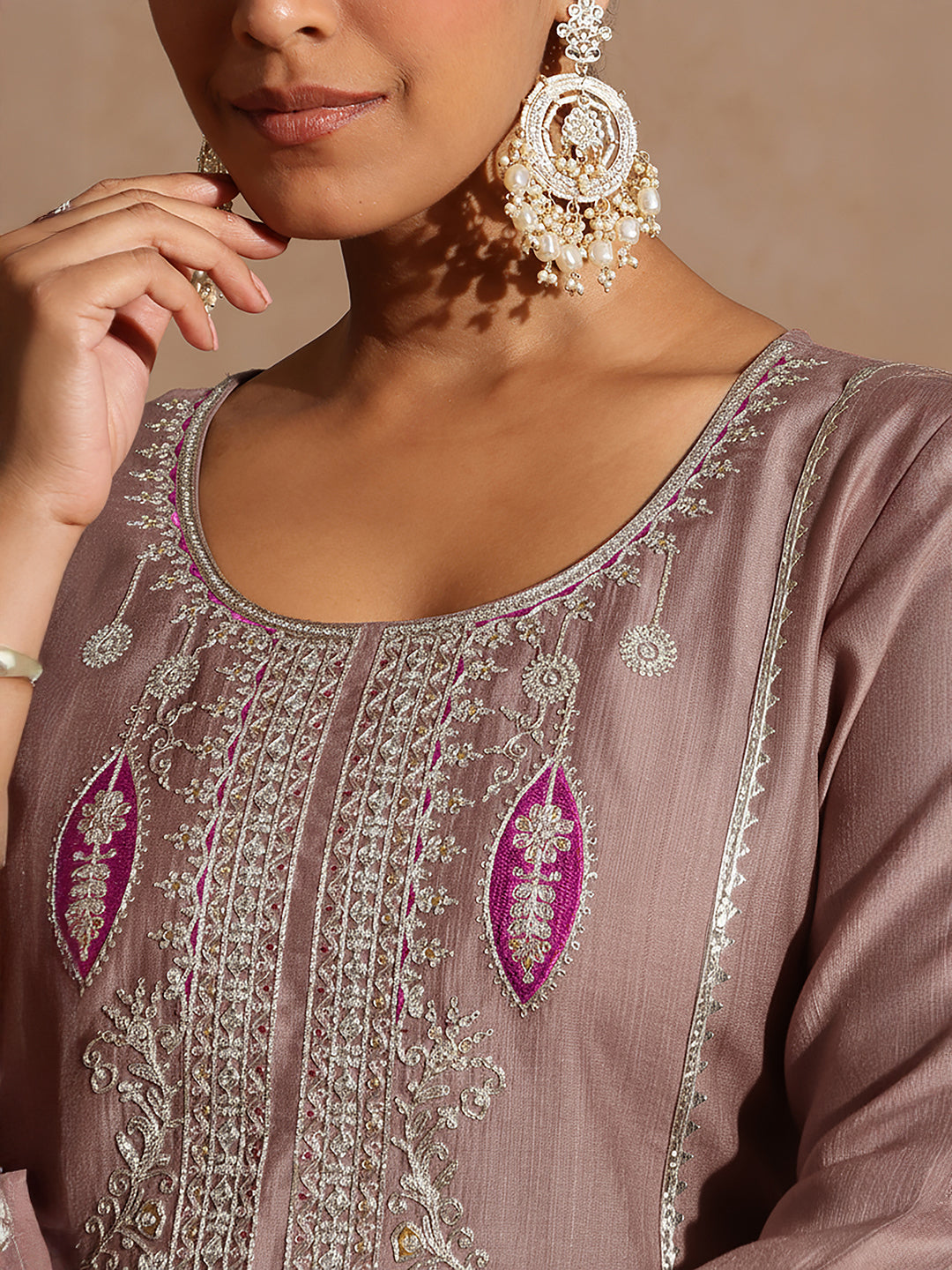 Ninnique Women's Brown Silk Blend Embroidered Straight Kurta Set