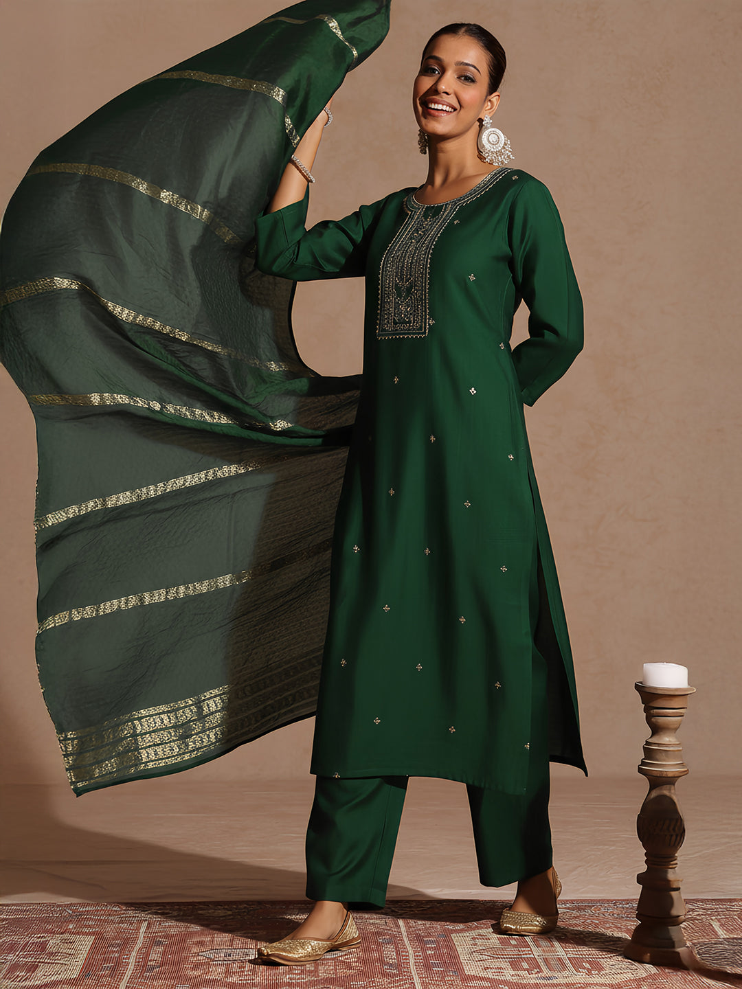 Ninnique Women's Bottle Green Silk Blend Embroidered Straight Kurta Set
