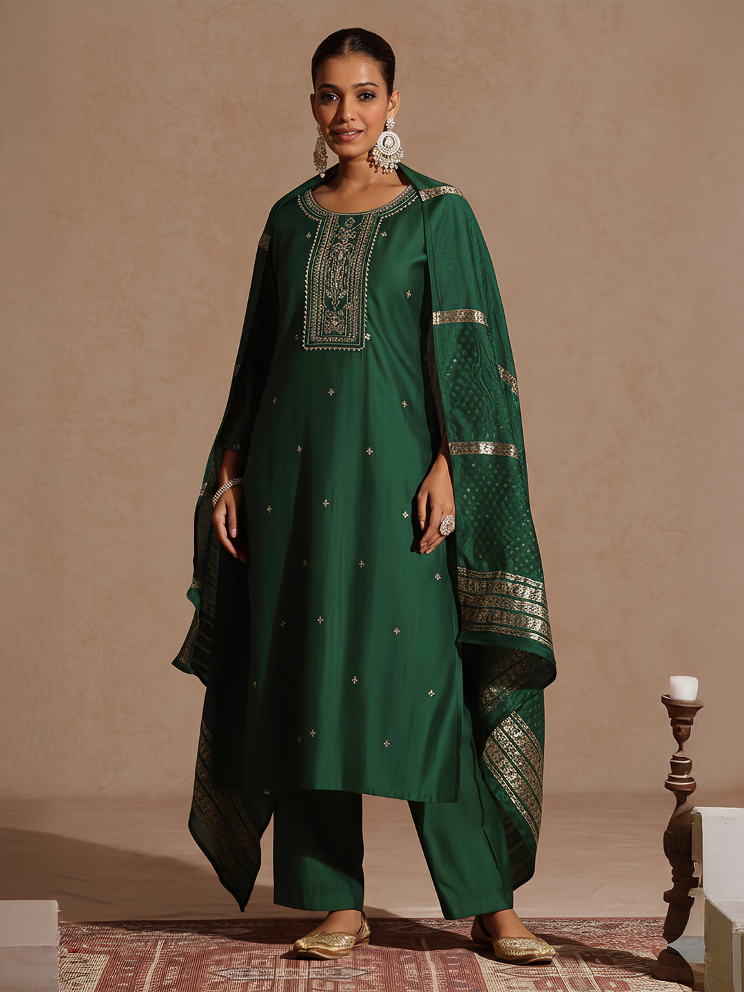 Ninnique Women's Bottle Green Silk Blend Embroidered Straight Kurta Set