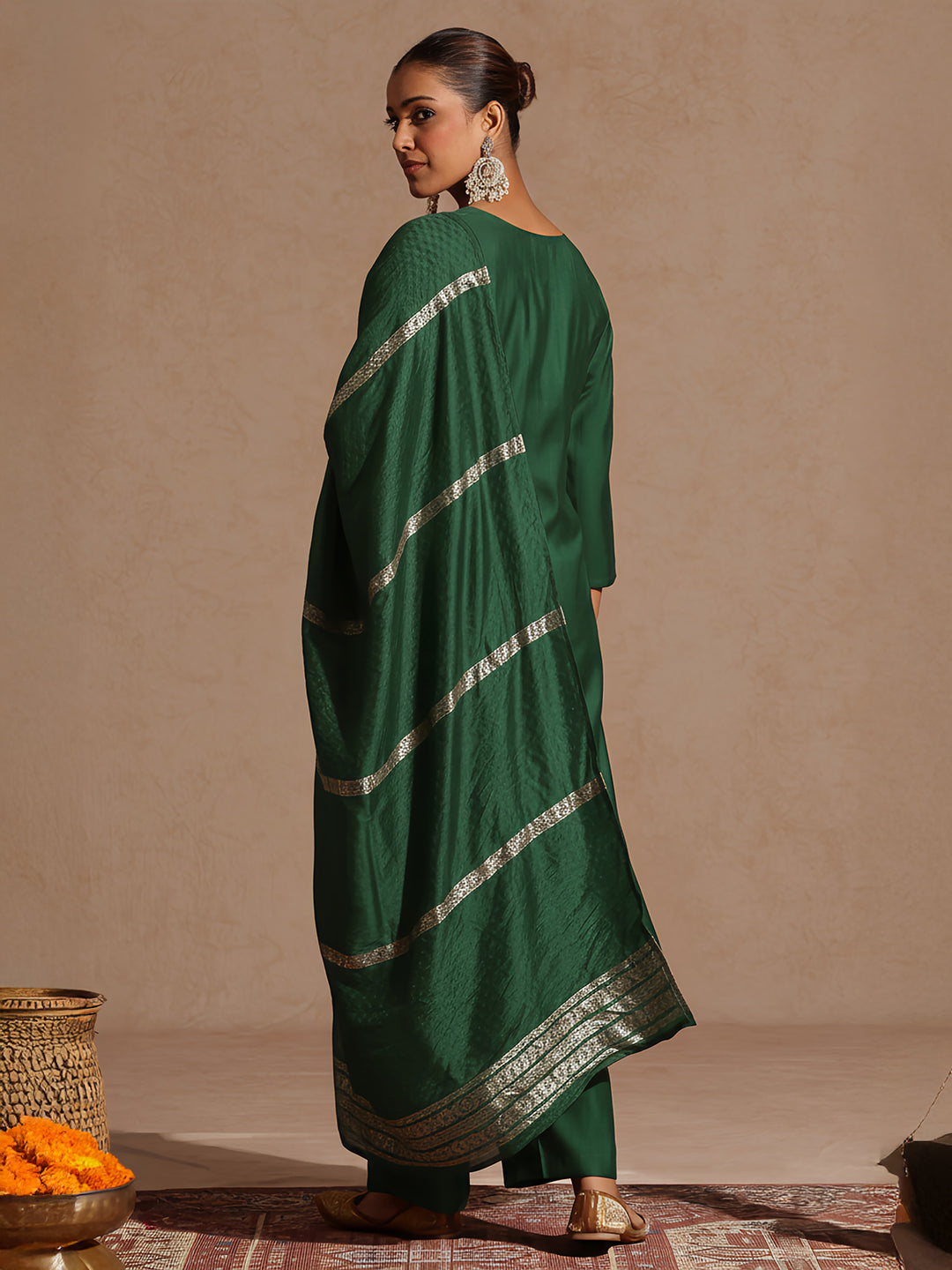 Ninnique Women's Bottle Green Silk Blend Embroidered Straight Kurta Set