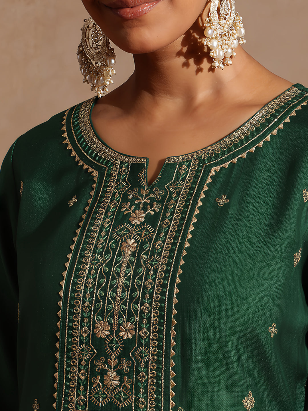 Ninnique Women's Bottle Green Silk Blend Embroidered Straight Kurta Set