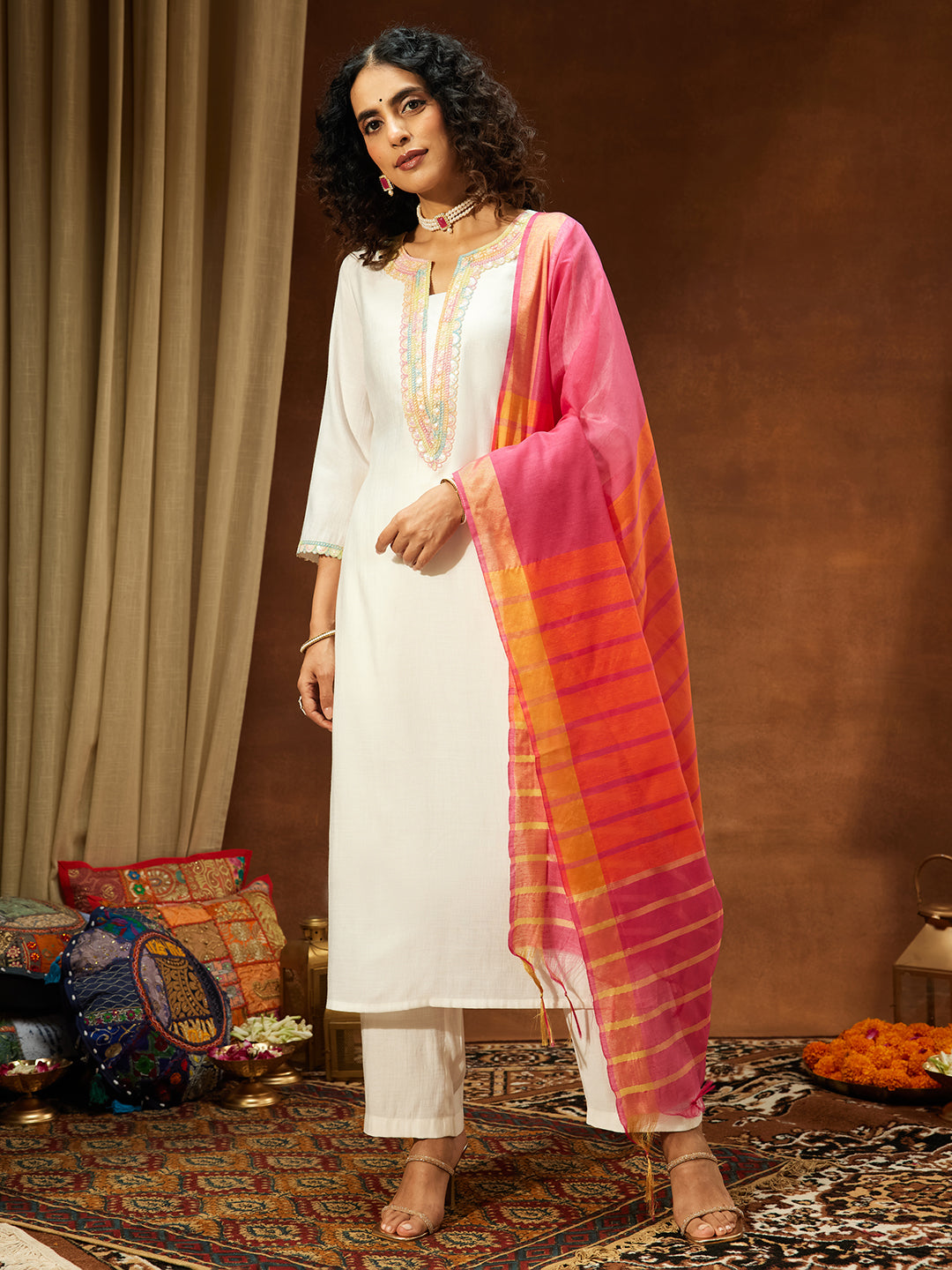 Ninnique Women's Off White Silk Blend Embellished Straight Kurta Set