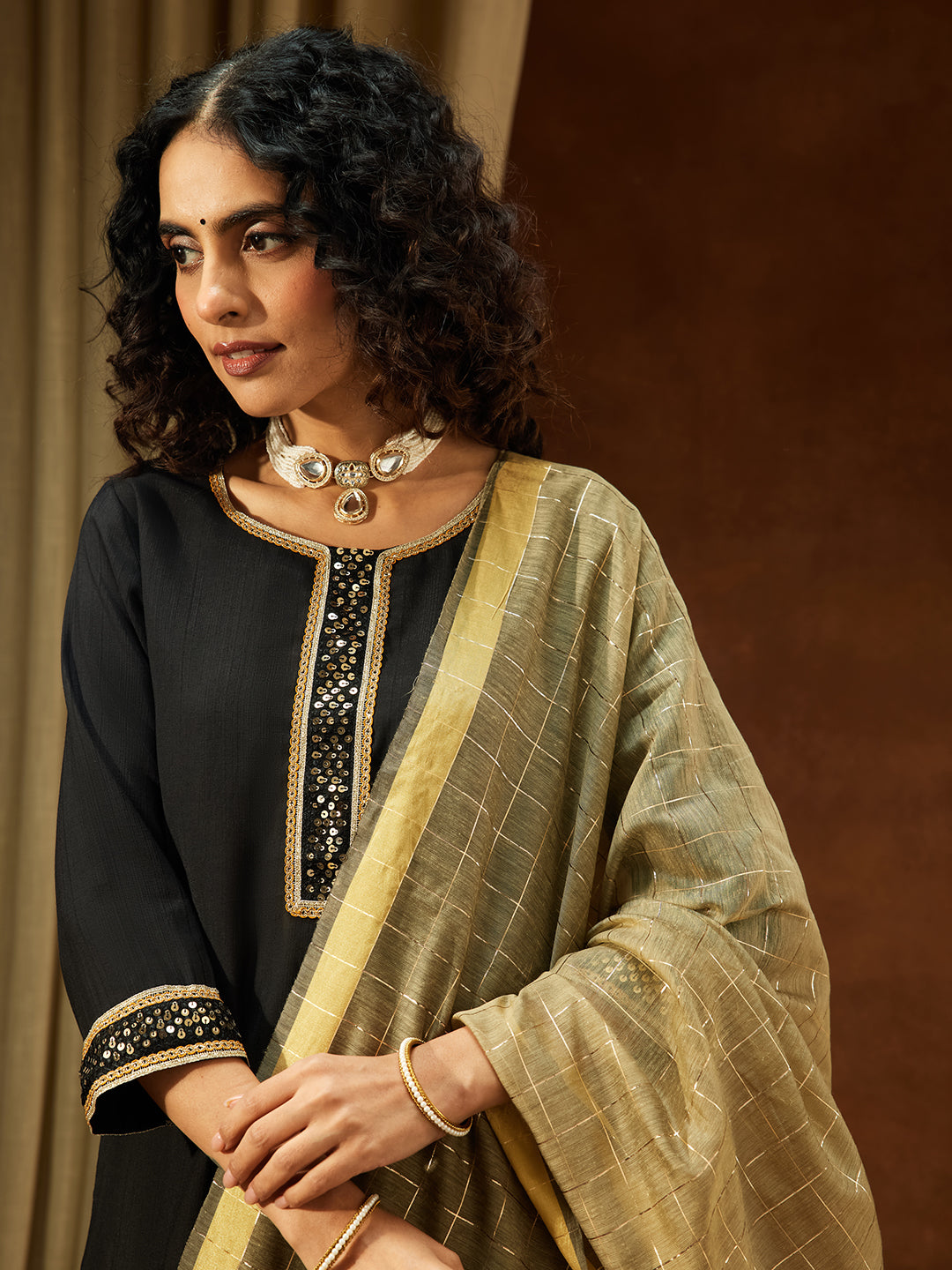 Ninnique Women's Black Silk Blend Embellished Straight Kurta Set