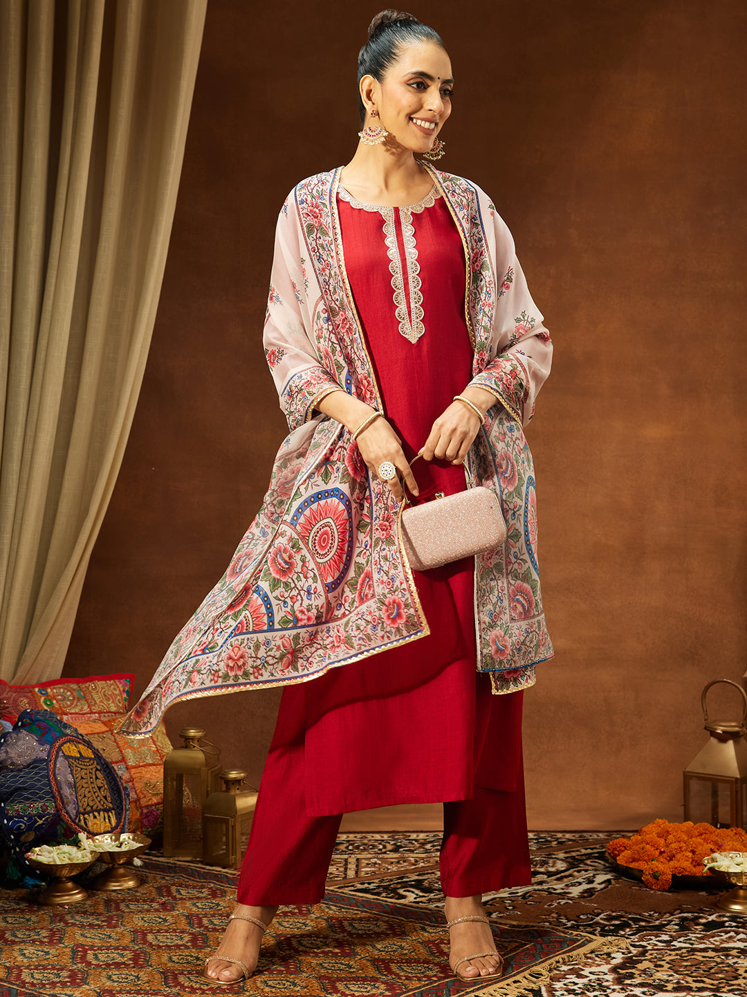 Ninnique Women's Maroon Silk Blend Embellished Straight Kurta Set With Printed Dupatta Set