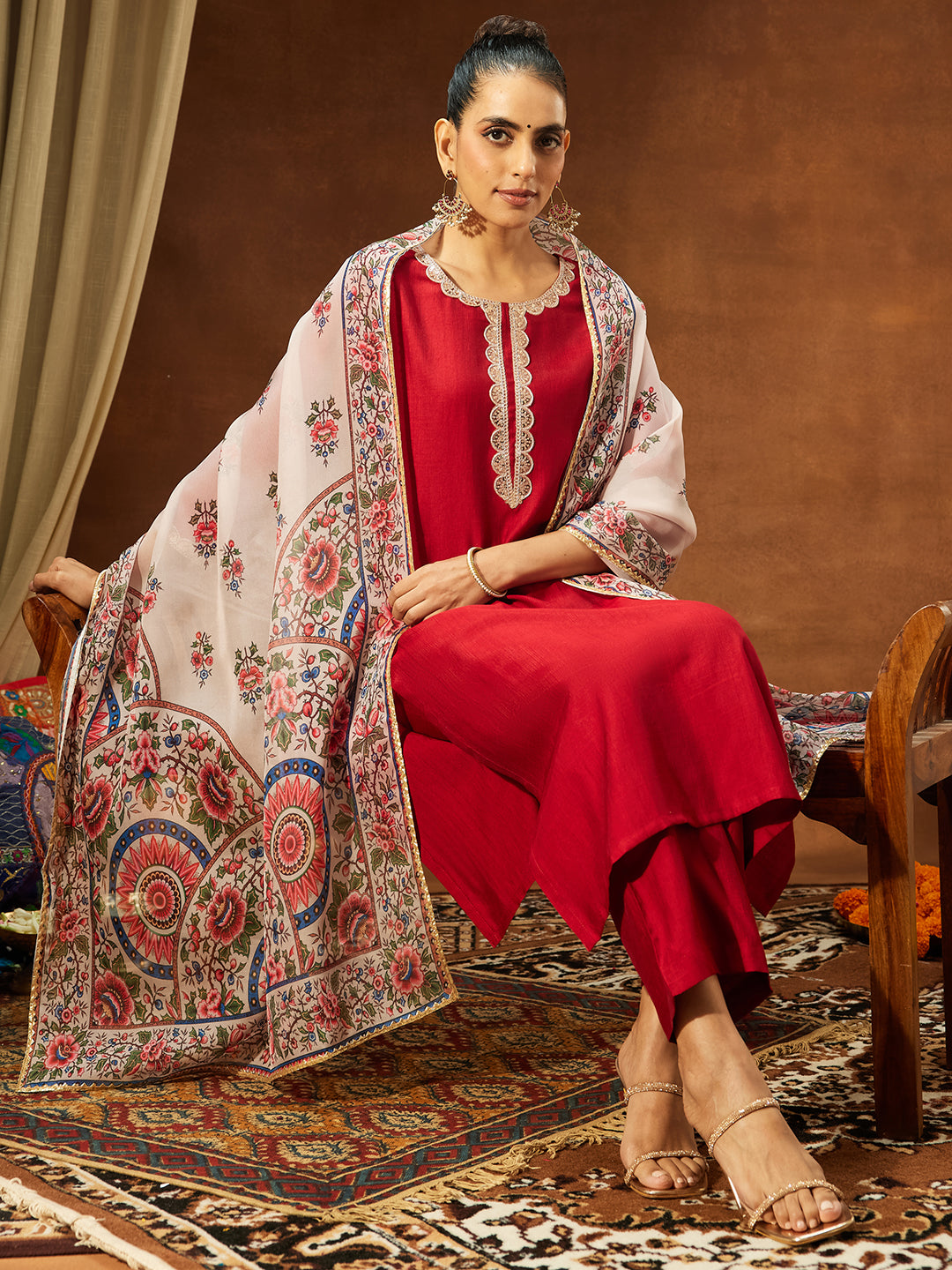 Ninnique Women's Maroon Silk Blend Embellished Straight Kurta Set With Printed Dupatta Set