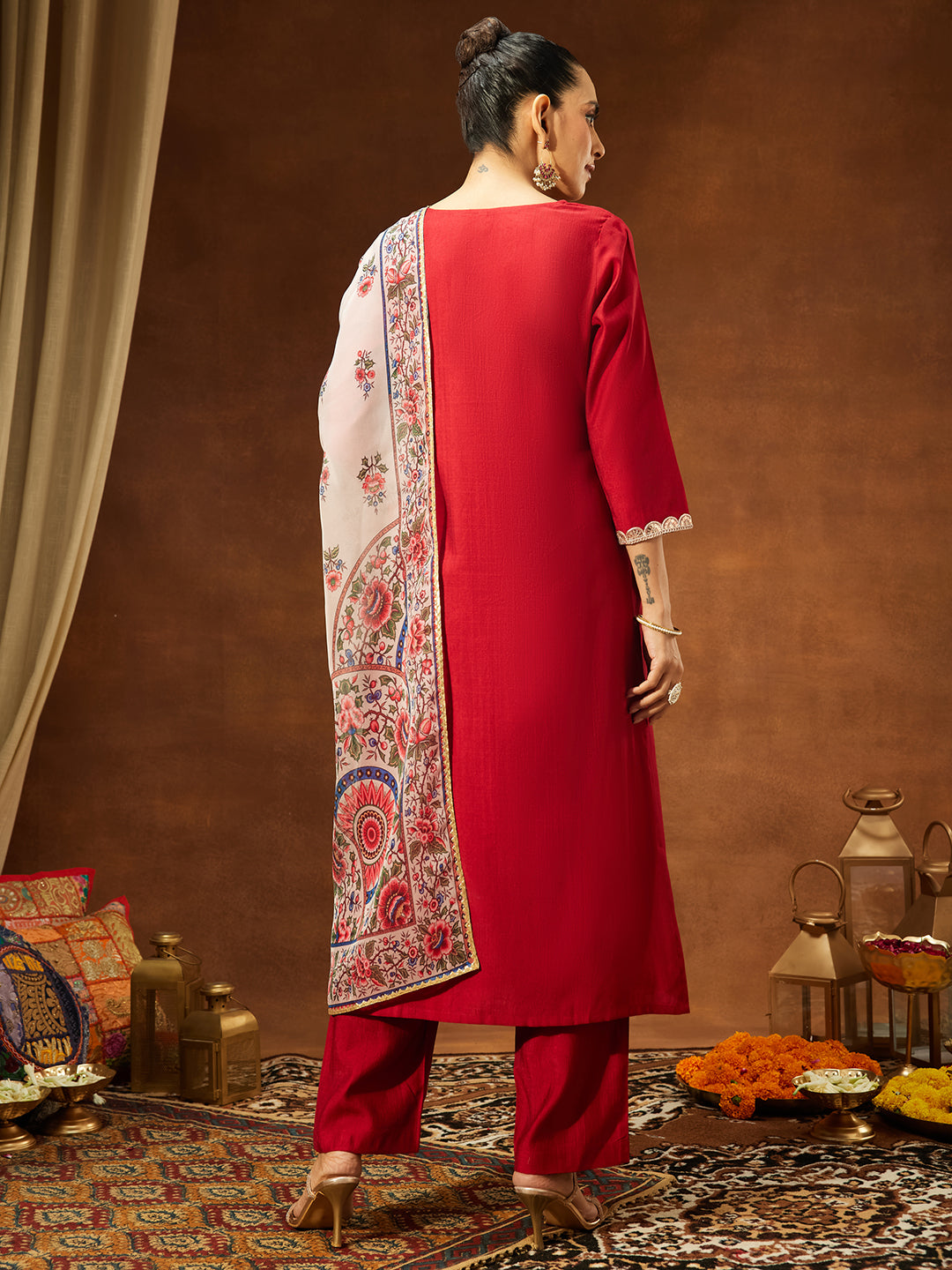 Ninnique Women's Maroon Silk Blend Embellished Straight Kurta Set With Printed Dupatta Set