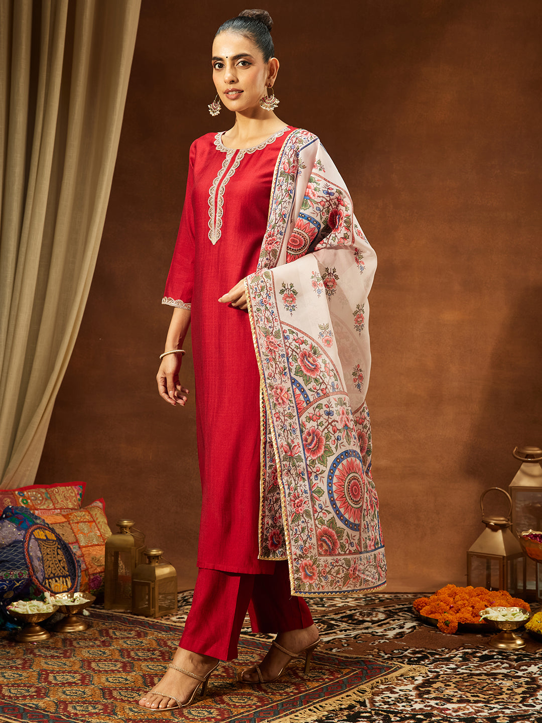Ninnique Women's Maroon Silk Blend Embellished Straight Kurta Set With Printed Dupatta Set