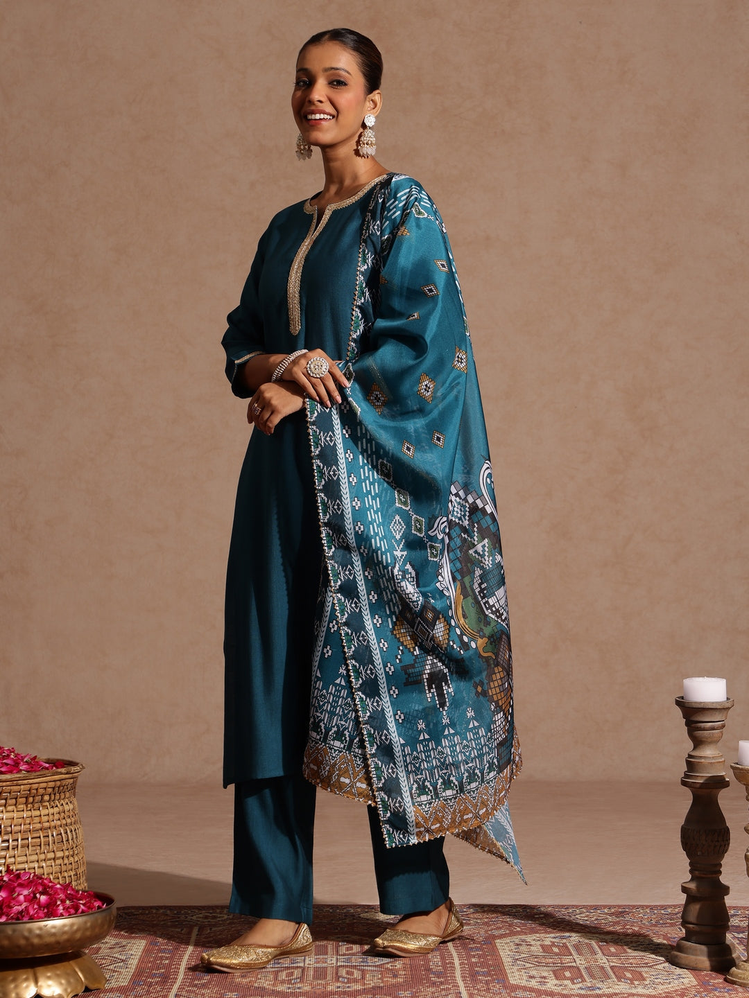 Ninnique Women's Teal Blue Silk Blend Yoke Design Straight Kurta Set With Printed Jacquard Dupatta