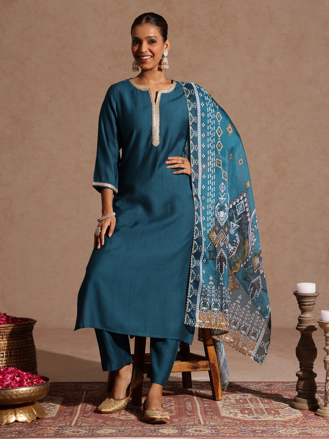 Ninnique Women's Teal Blue Silk Blend Yoke Design Straight Kurta Set With Printed Jacquard Dupatta