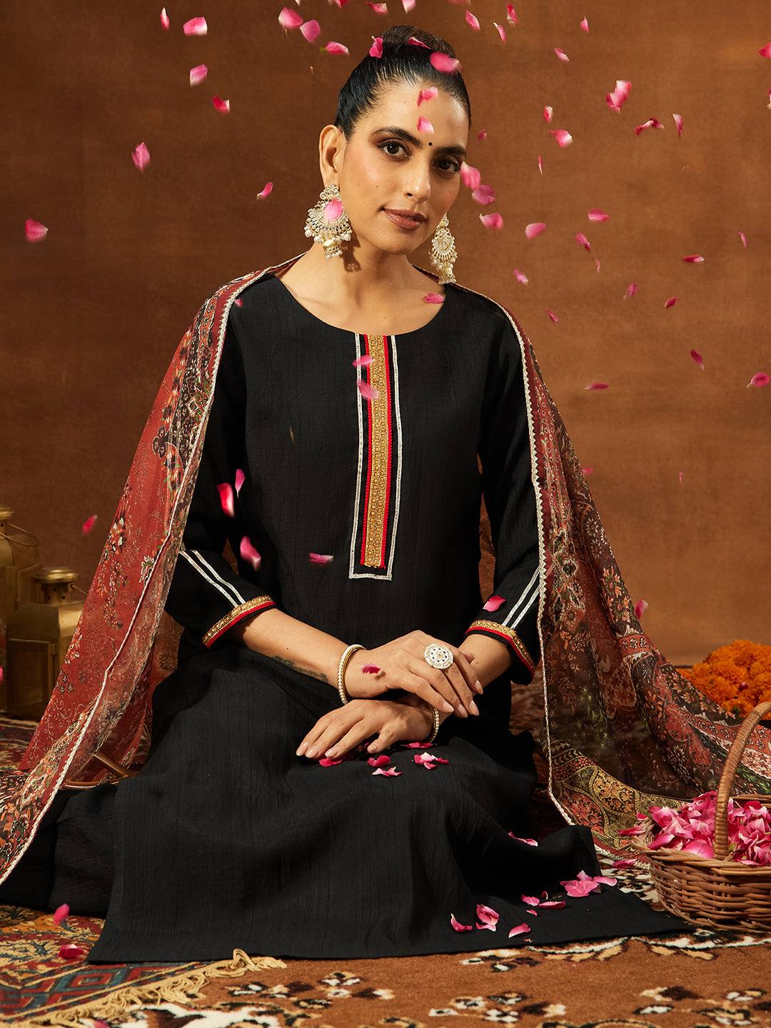 Ninnique Women's Black Silk Blend Embellished Straight Kurta Set