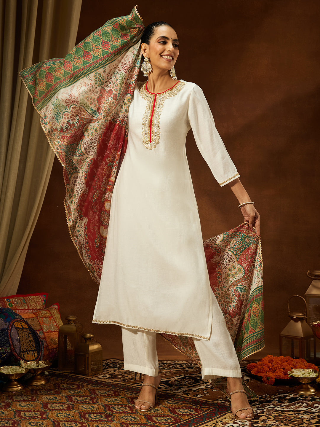 Ninnique Women's Off White Silk Blend Embellished Straight Kurta Set