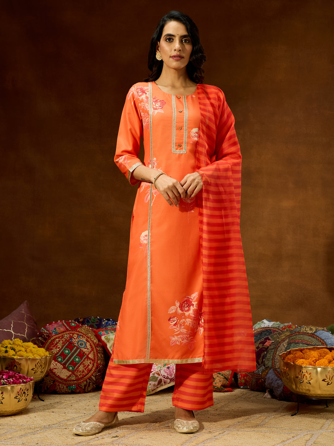 Ninnique Women's Orange Cotton Blend Embellished Straight Kurta Set