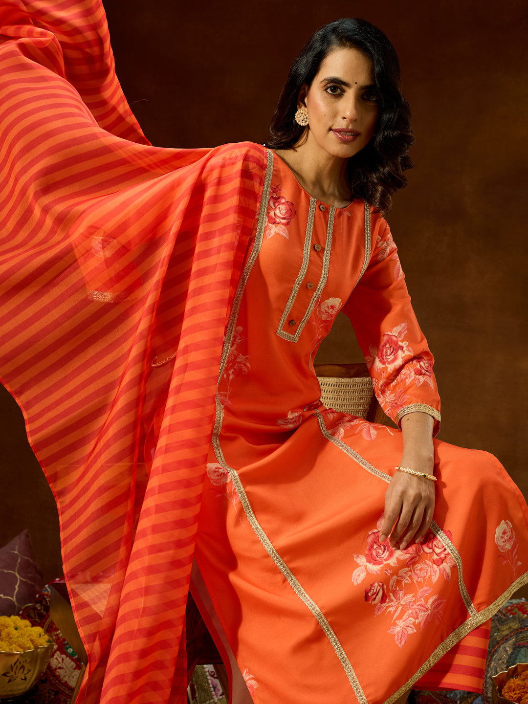 Ninnique Women's Orange Cotton Blend Embellished Straight Kurta Set