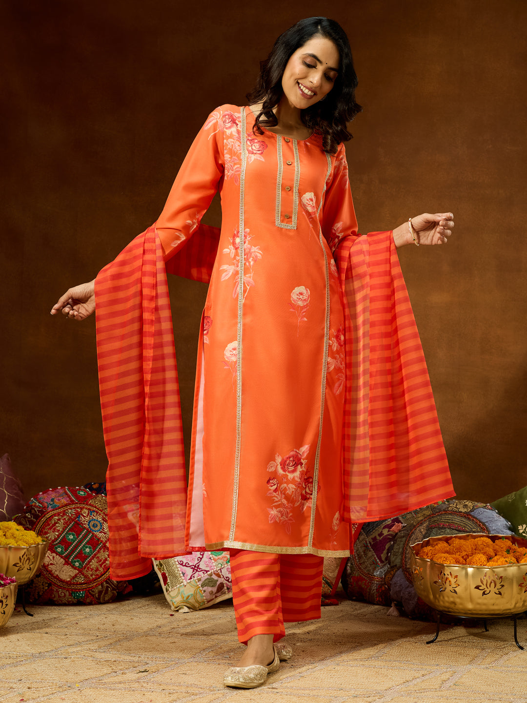 Ninnique Women's Orange Cotton Blend Embellished Straight Kurta Set
