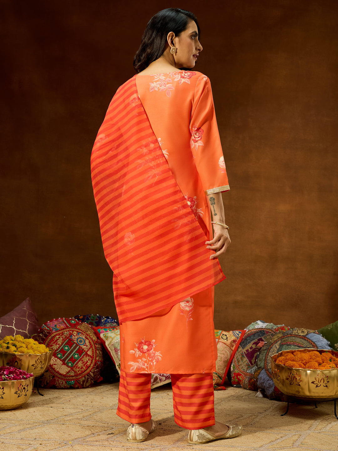 Ninnique Women's Orange Cotton Blend Embellished Straight Kurta Set