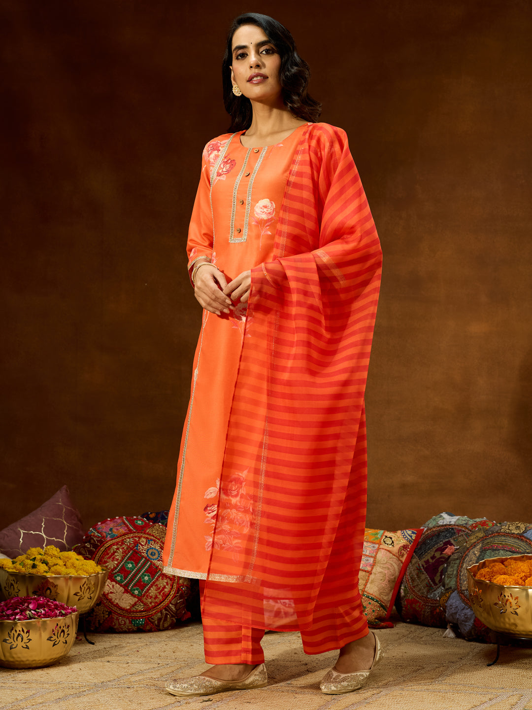 Ninnique Women's Orange Cotton Blend Embellished Straight Kurta Set