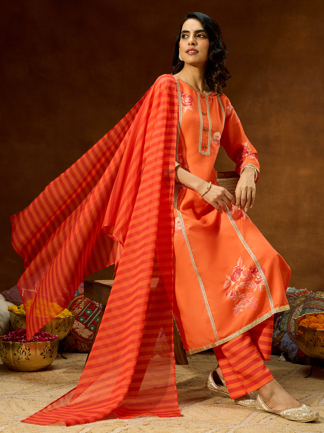 Ninnique Women's Orange Cotton Blend Embellished Straight Kurta Set