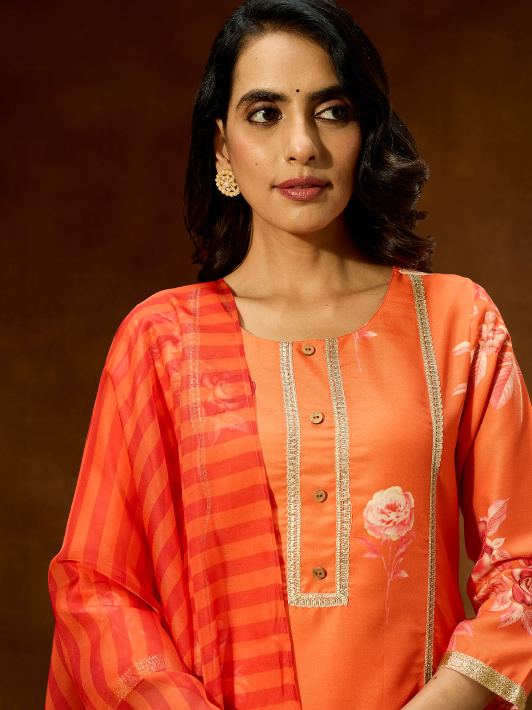 Ninnique Women's Orange Cotton Blend Embellished Straight Kurta Set