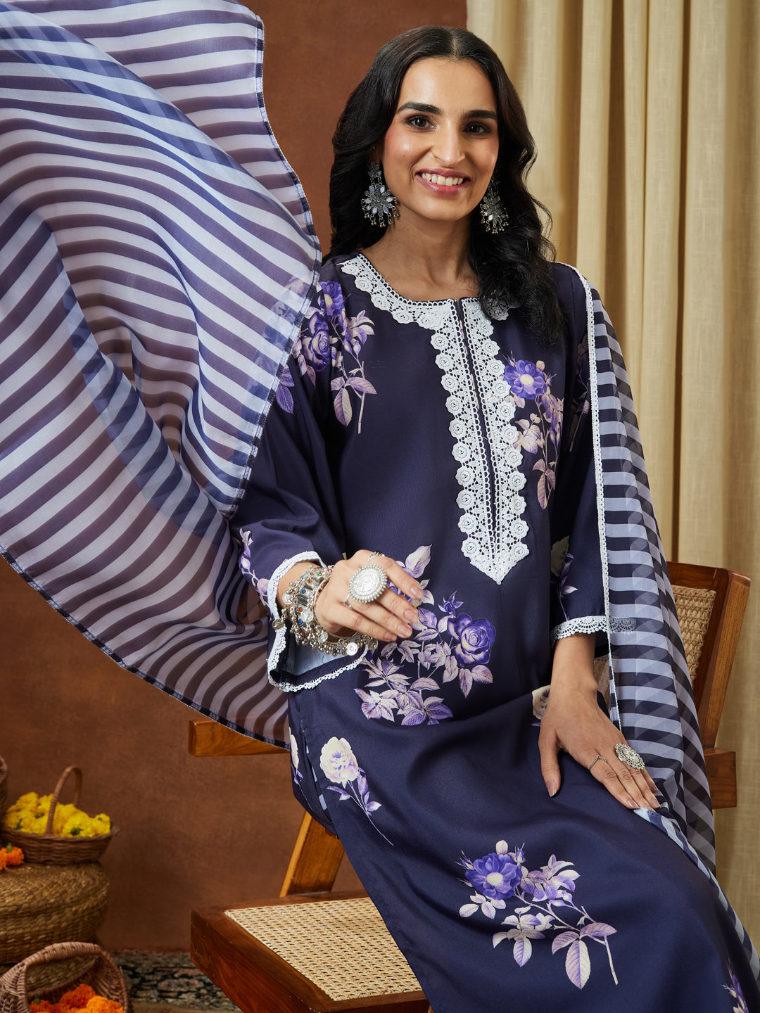 Ninnique Women's Purple Cotton Blend Floral Printed Straight Kurta Set