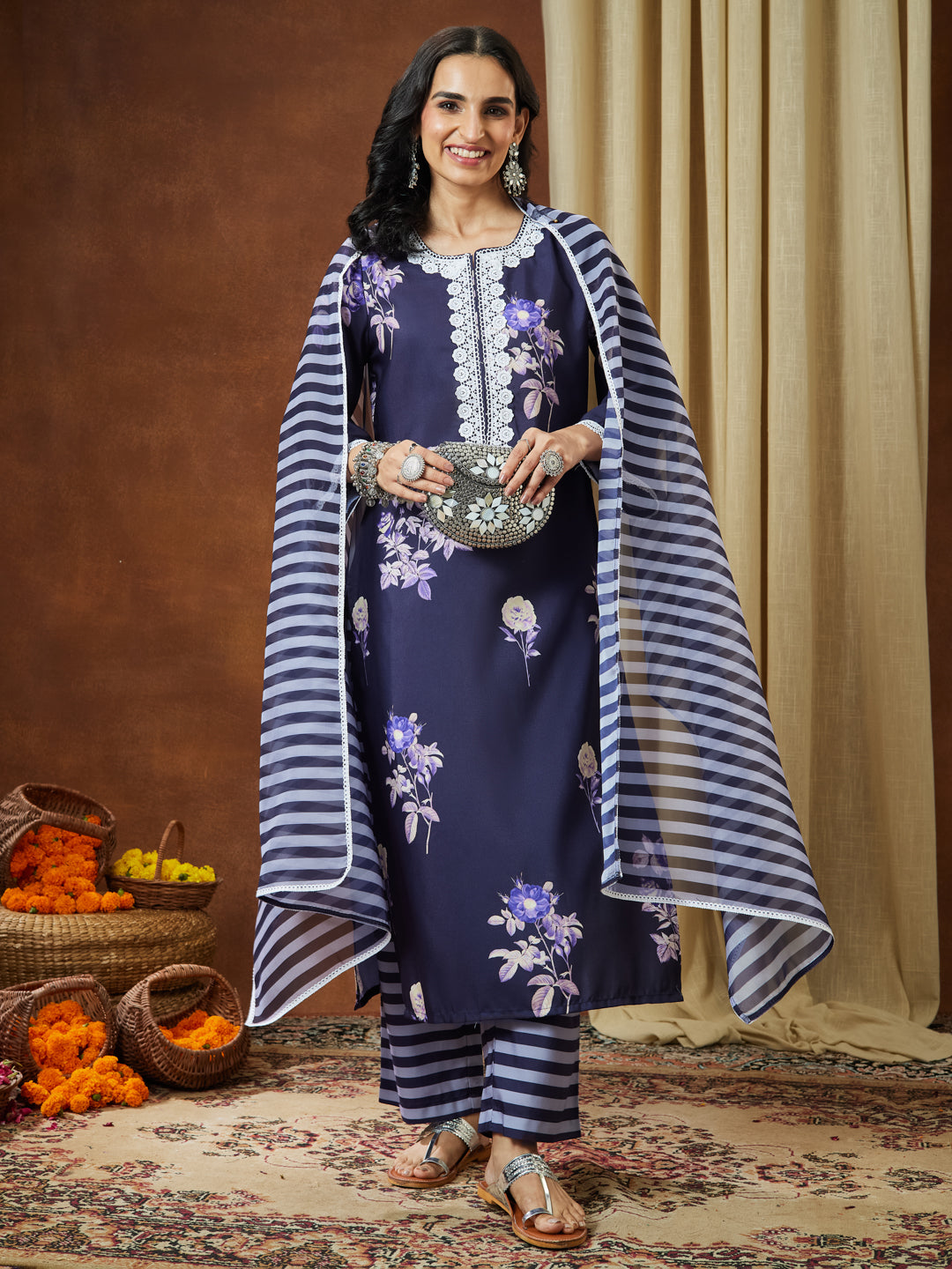 Ninnique Women's Purple Cotton Blend Floral Printed Straight Kurta Set