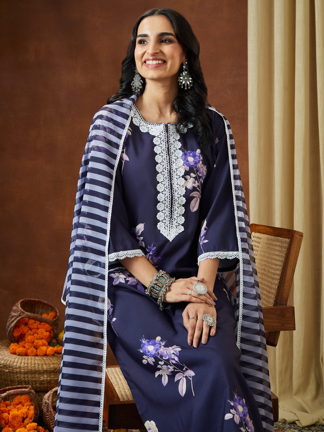 Ninnique Women's Purple Cotton Blend Floral Printed Straight Kurta Set