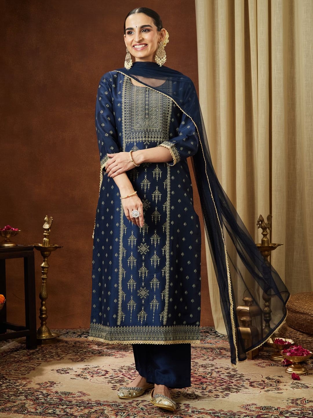 Ninnique Women's Navy Blue Silk Blend Ethnic Printed Straight Kurta Set