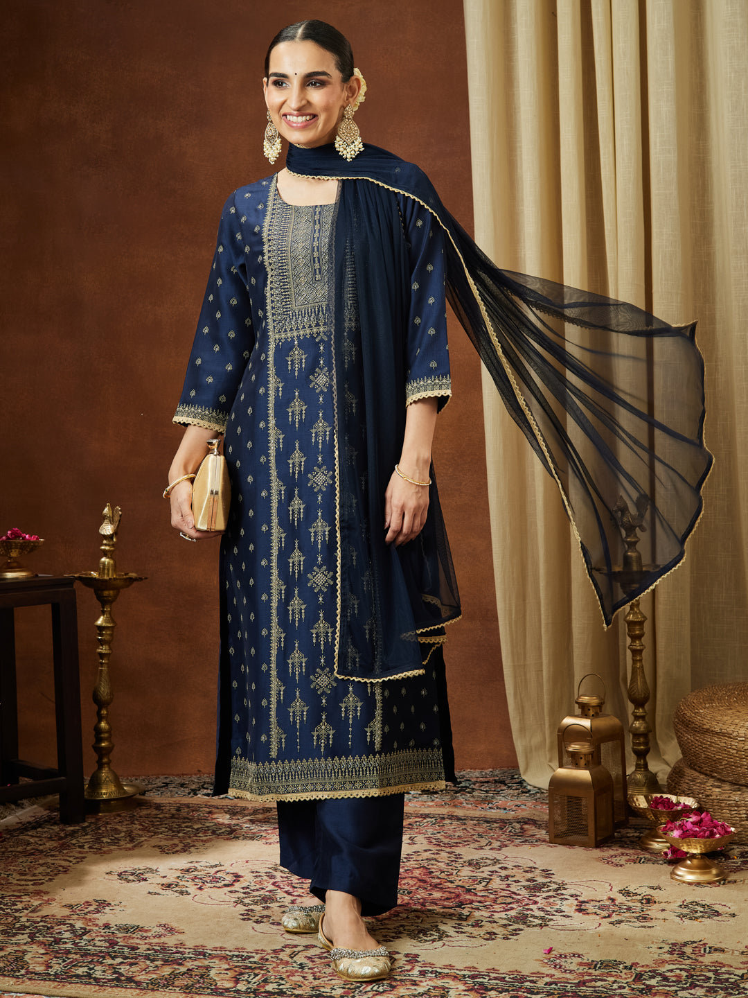 Ninnique Women's Navy Blue Silk Blend Ethnic Printed Straight Kurta Set