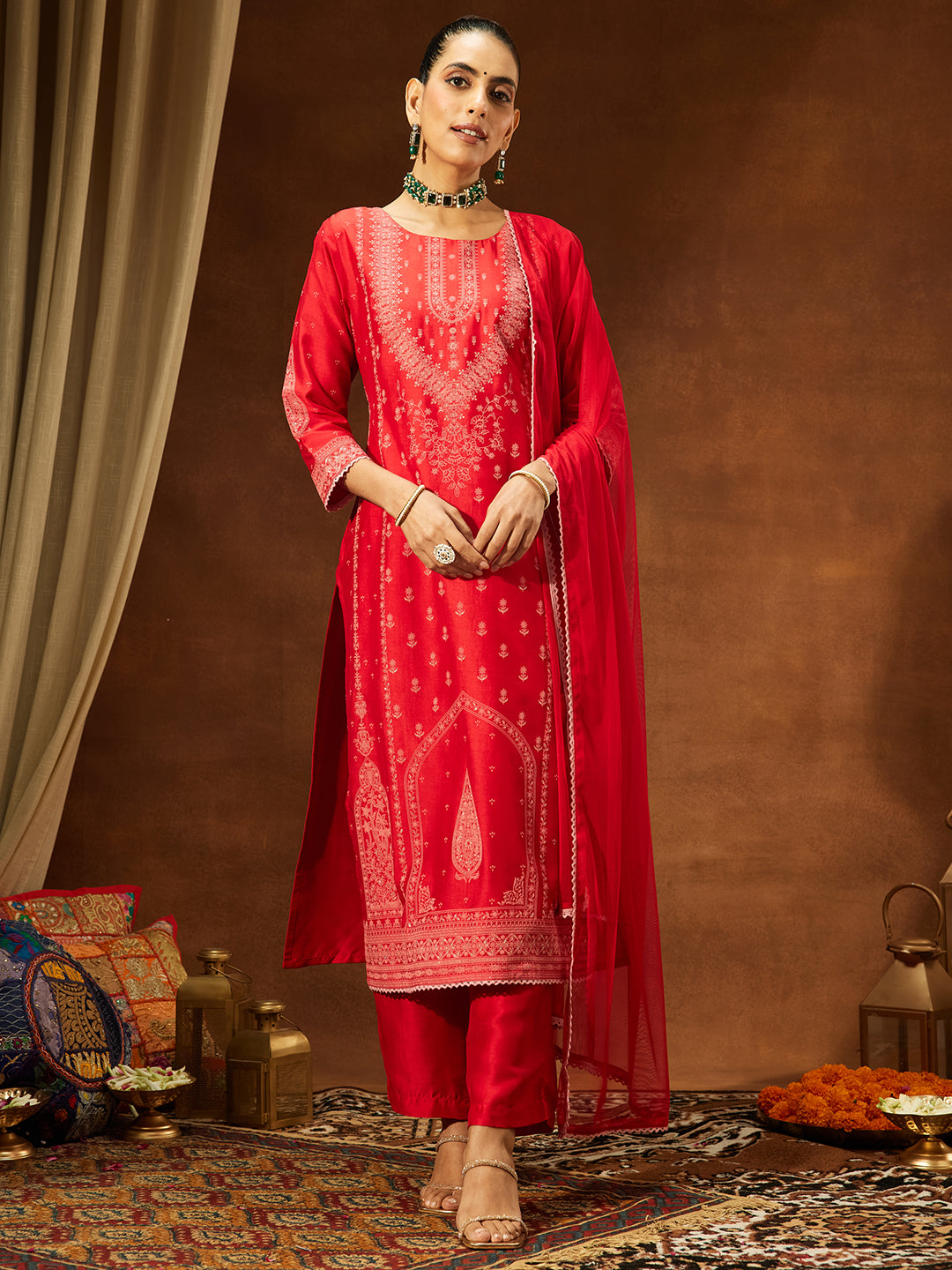 Ninnique Women's Red Silk Blend Ethnic Printed Straight Kurta Set