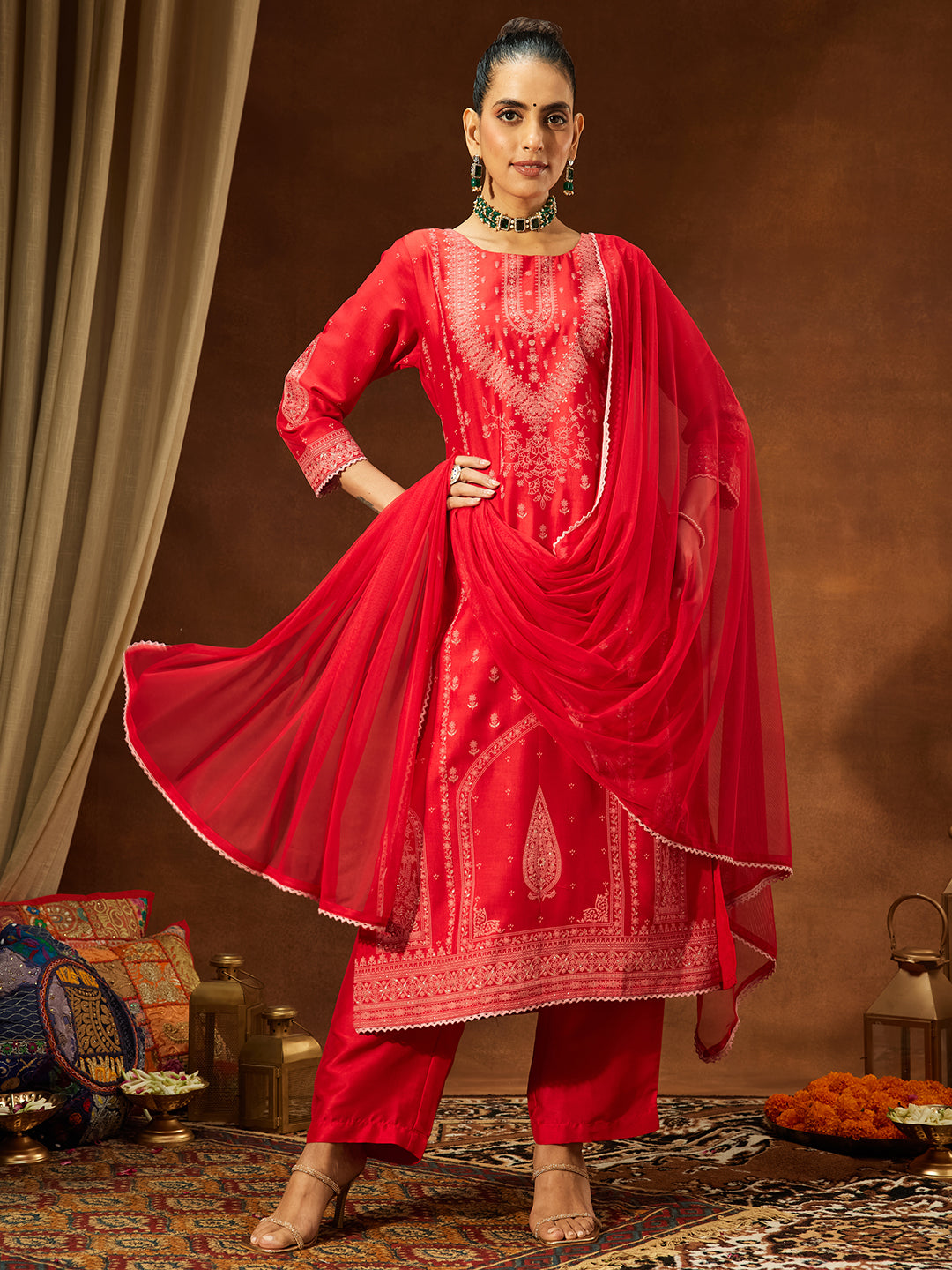 Ninnique Women's Red Silk Blend Ethnic Printed Straight Kurta Set