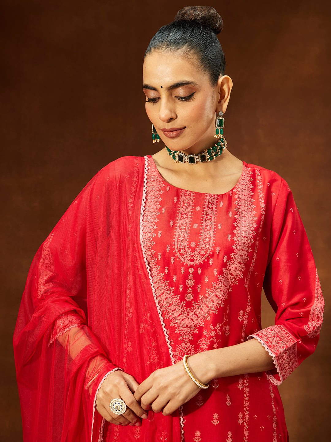 Ninnique Women's Red Silk Blend Ethnic Printed Straight Kurta Set