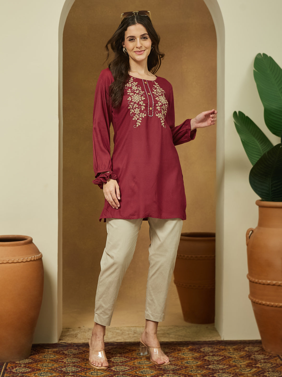 Ninnique Women's Maroon Rayon Embroidered Straight Short Kurti