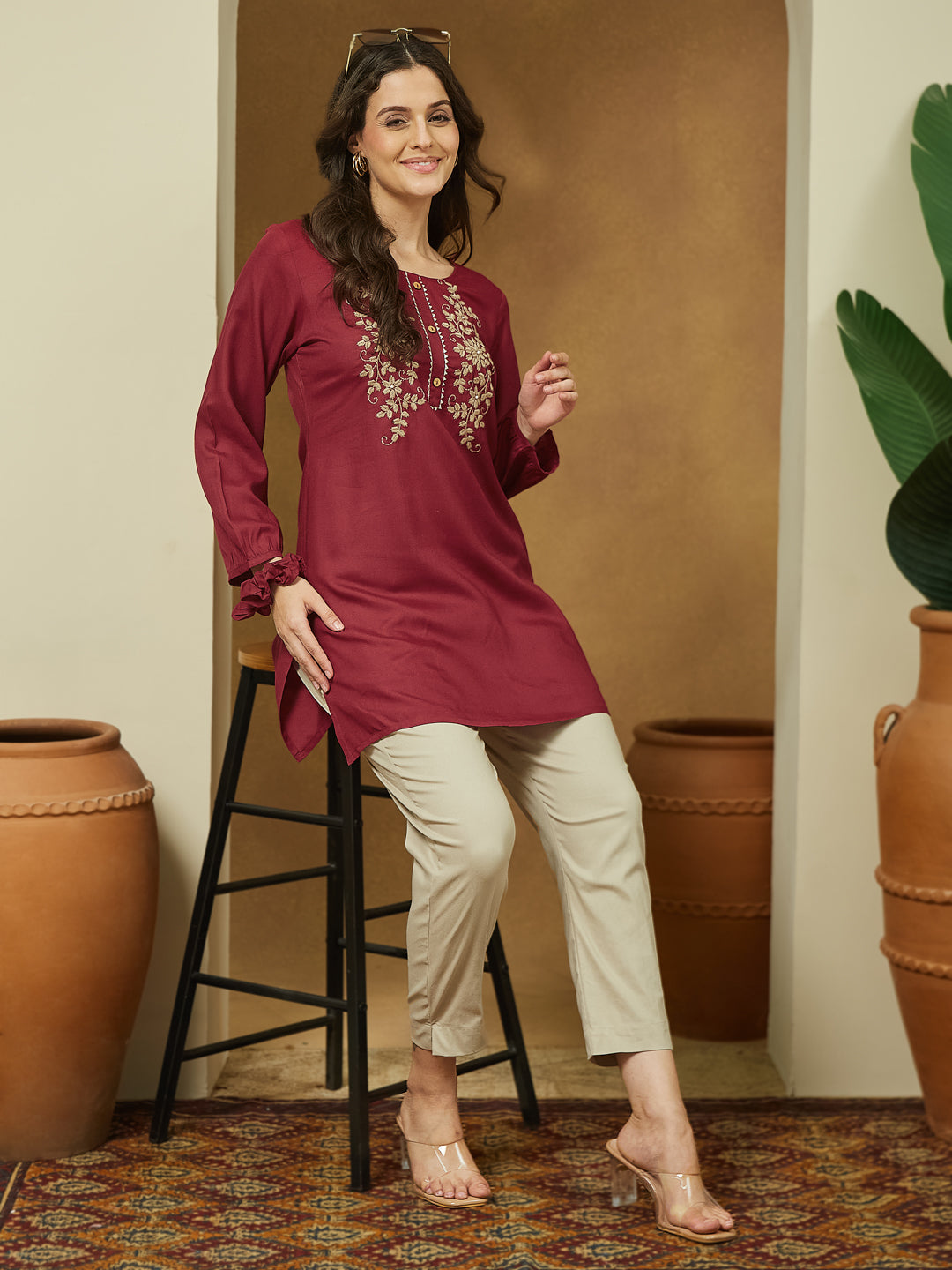 Ninnique Women's Maroon Rayon Embroidered Straight Short Kurti