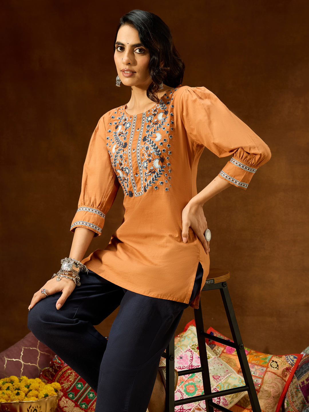 Ninnique Women's Brown Pure Cotton Embroidered Straight Short Kurti