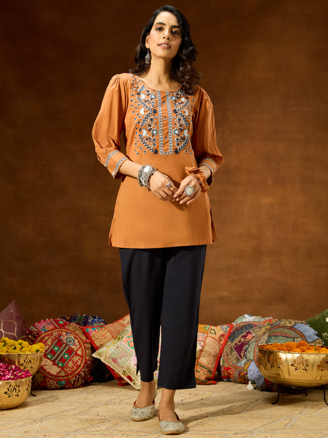 Ninnique Women's Brown Pure Cotton Embroidered Straight Short Kurti