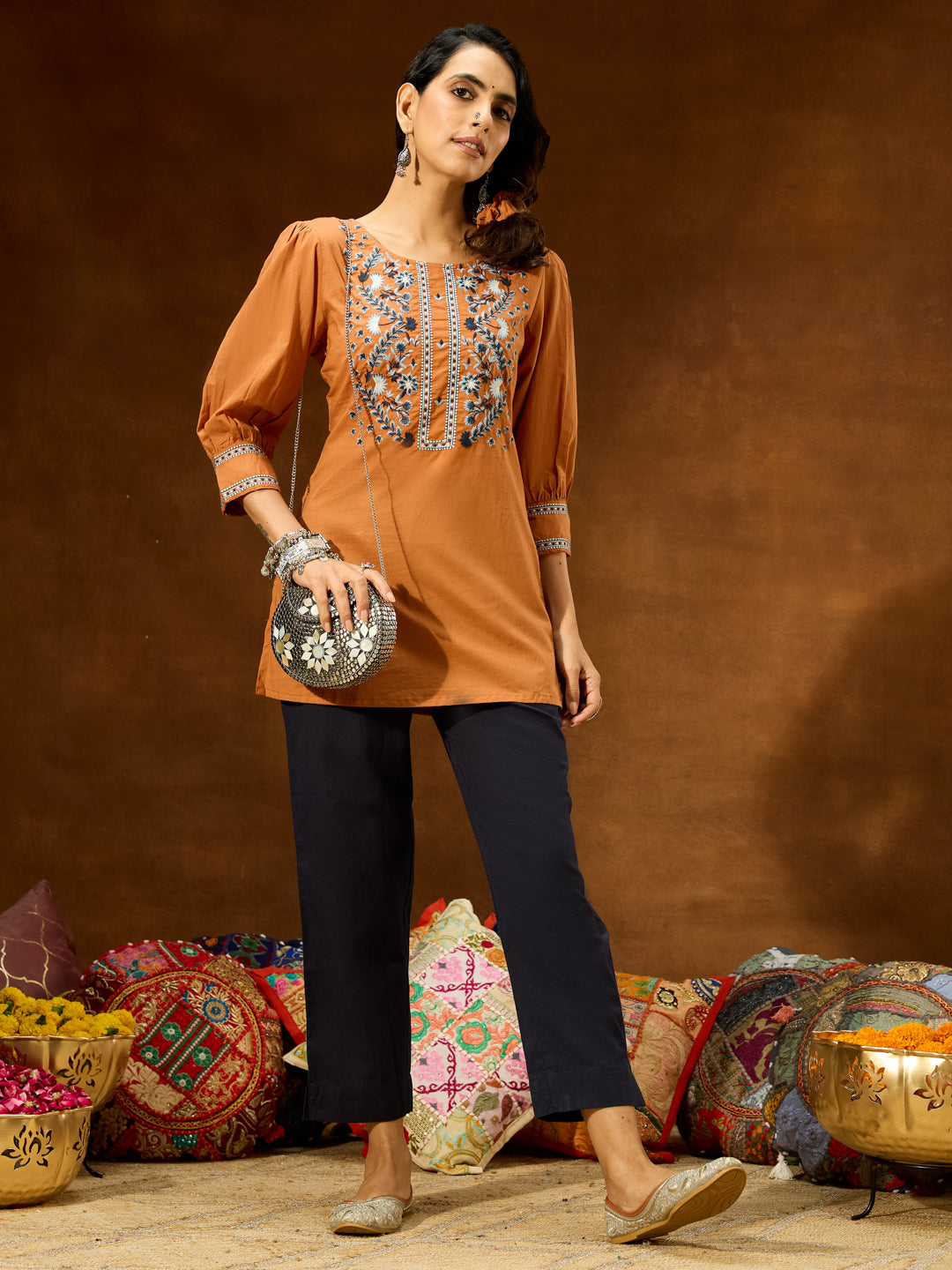 Ninnique Women's Brown Pure Cotton Embroidered Straight Short Kurti