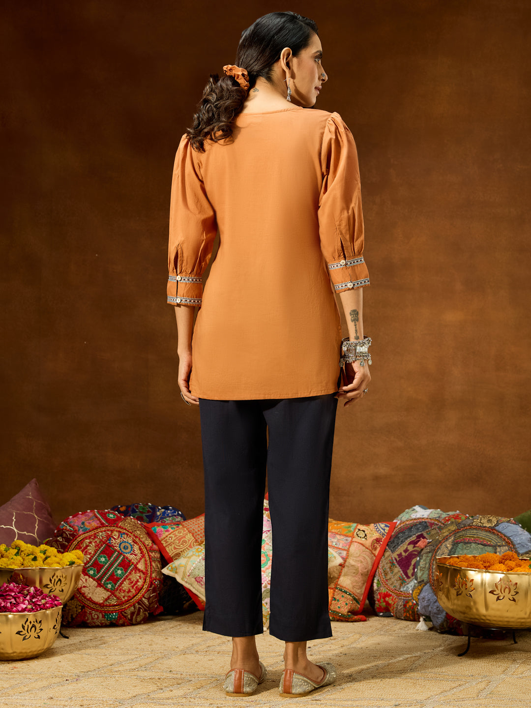 Ninnique Women's Brown Pure Cotton Embroidered Straight Short Kurti