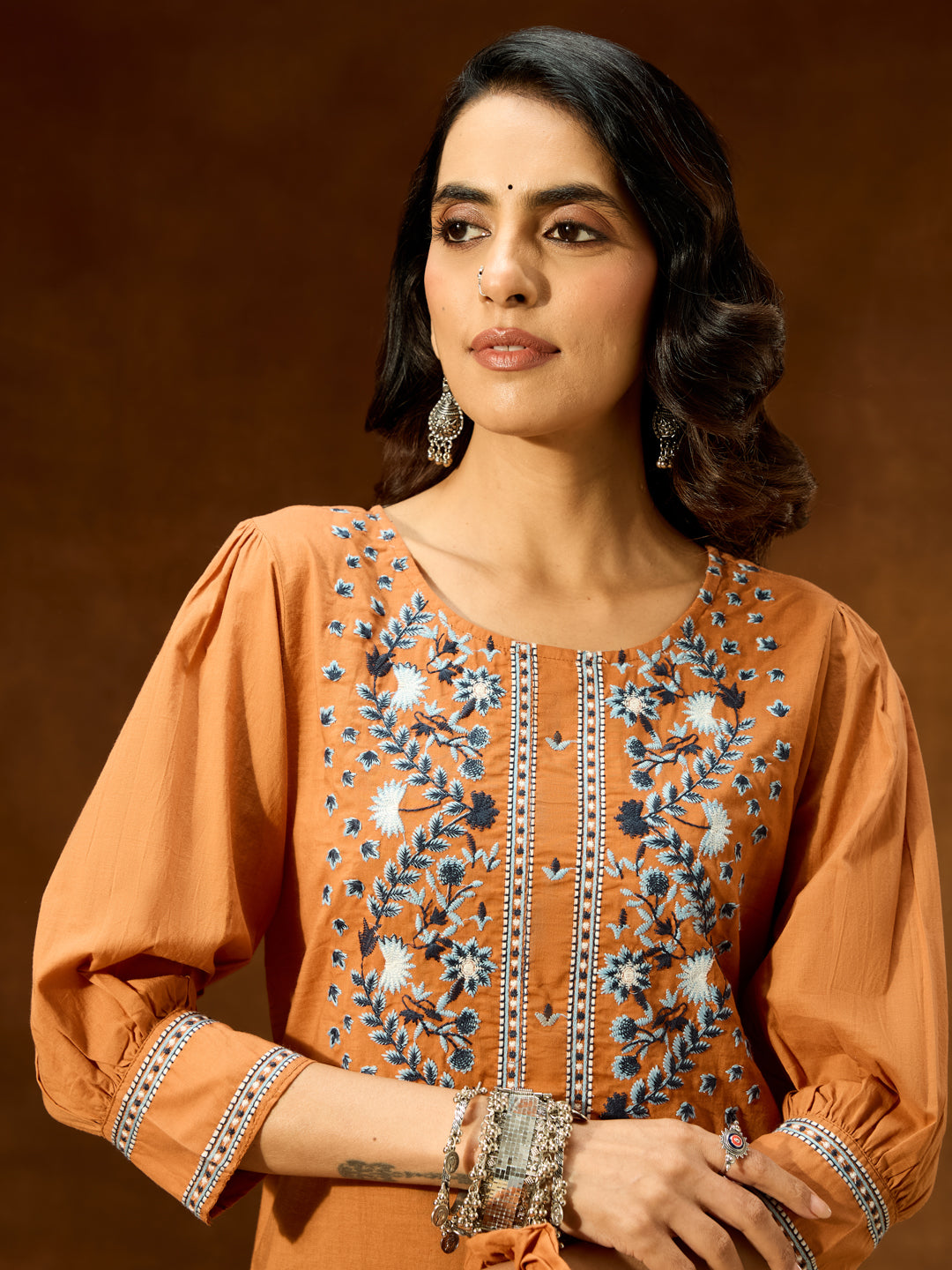 Ninnique Women's Brown Pure Cotton Embroidered Straight Short Kurti