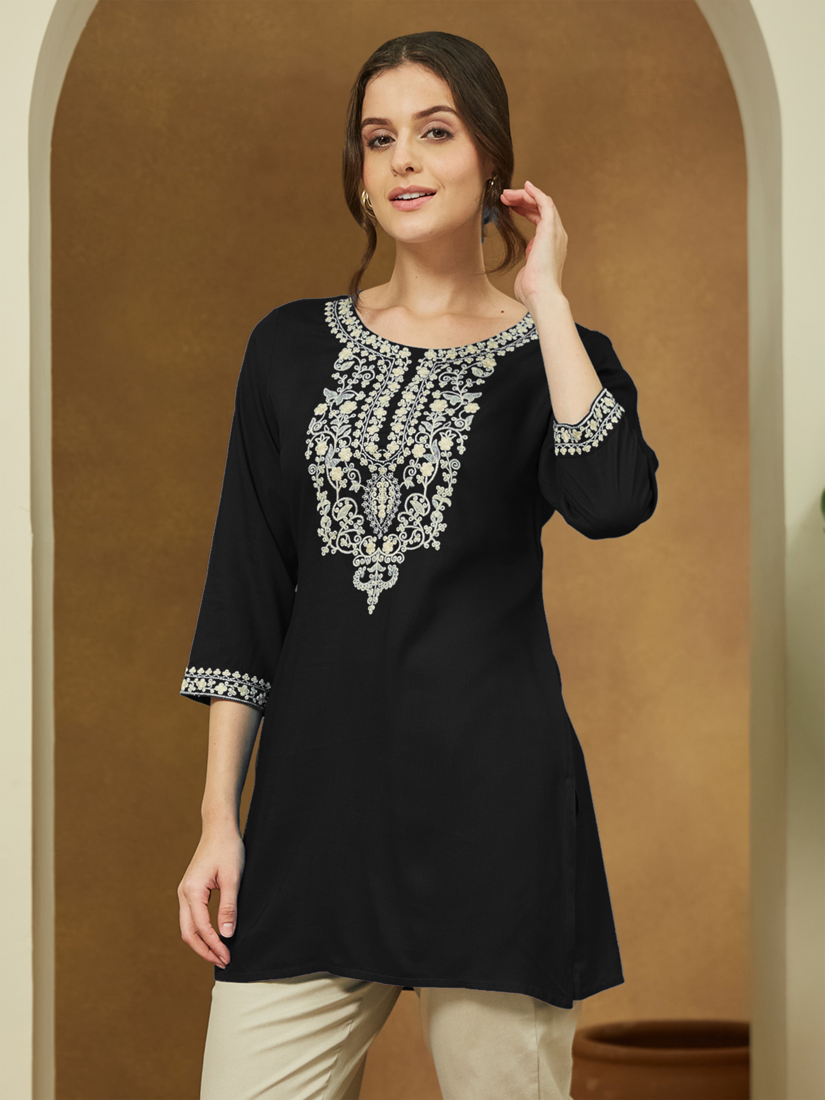 Ninnique Women's Black Rayon Embroidered Straight Short Kurti