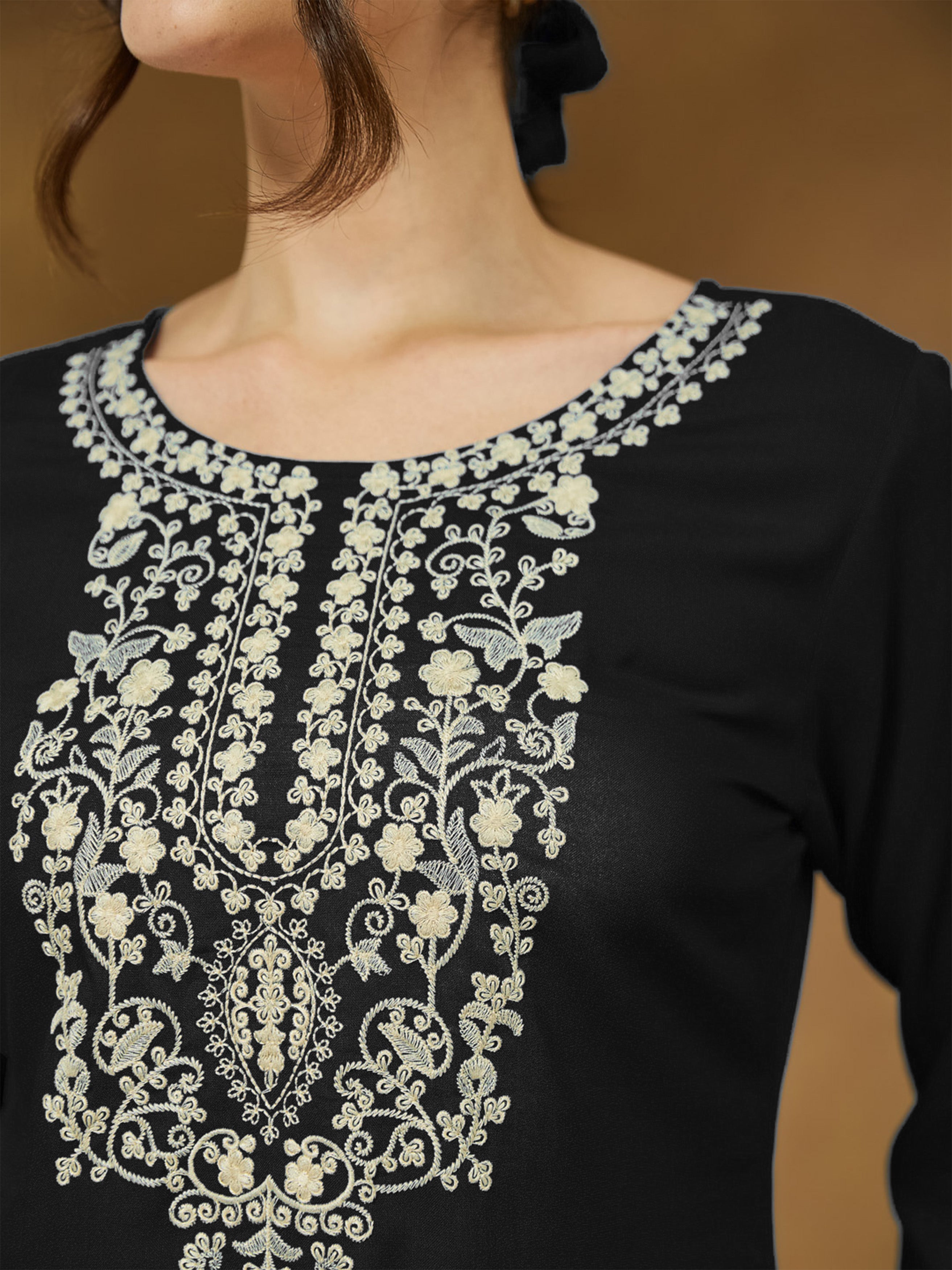 Ninnique Women's Black Rayon Embroidered Straight Short Kurti