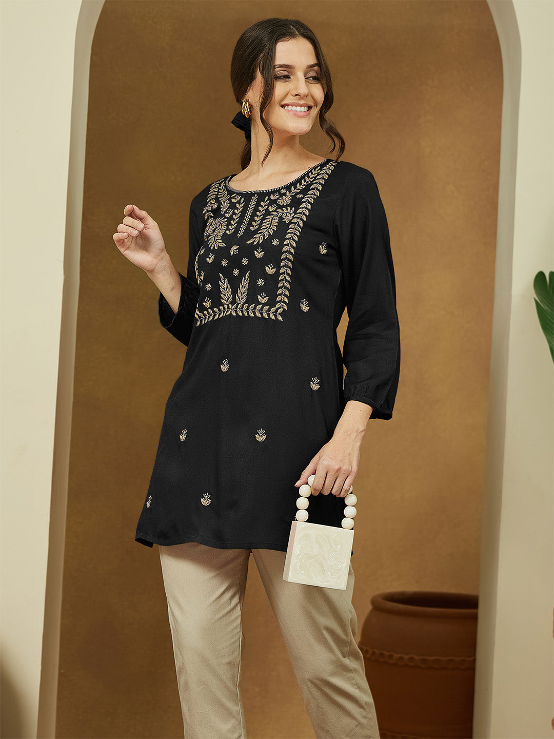 Ninnique Women's Black Rayon Embroidered Straight Short Kurti
